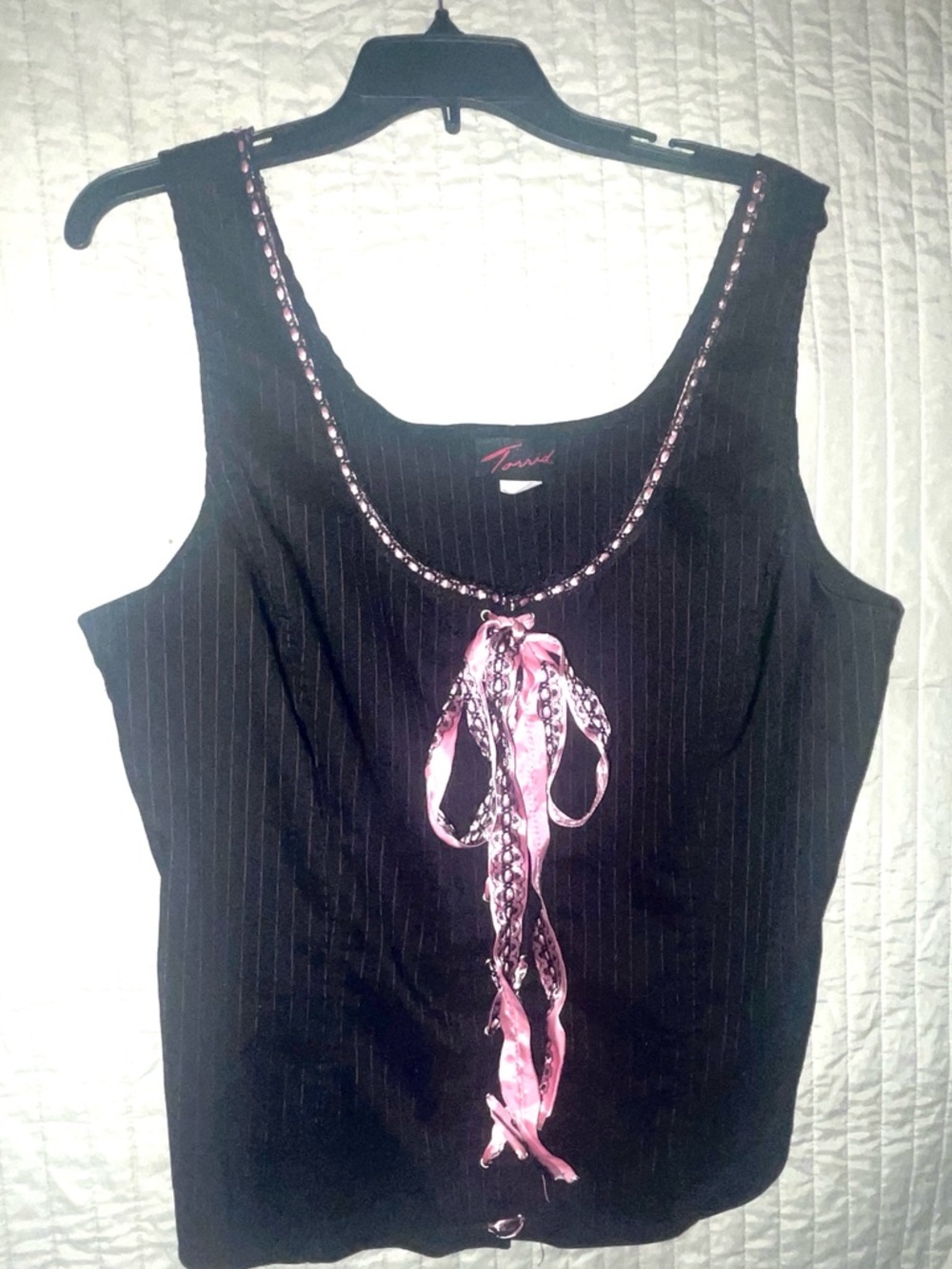 Torrid Black Pinstripe Tank with Pink Ribbon Detail